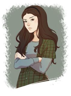 a drawing of a woman with long hair and wearing a plaid shirt, standing in front of