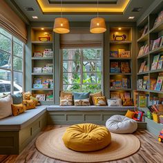 a child's room with bookshelves and toys in the windowsills