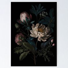 a black background with white and pink flowers on the left side of the frame poster