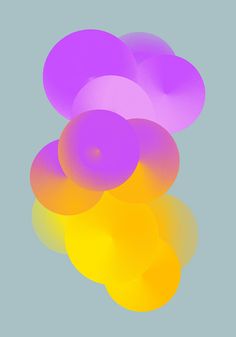 an abstract image of yellow and purple circles floating in the air on a blue background