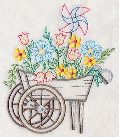 a wheelbarrow with flowers in it is embroidered onto a piece of white fabric