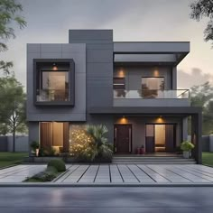 a modern house is shown in the evening