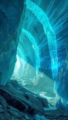 the inside of an ice cave with blue light coming from it's ceiling and water flowing