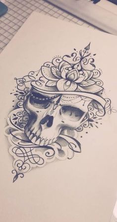 a drawing of a skull with a hat on it's head and flowers in the background