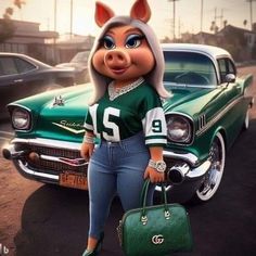 a woman in a green shirt and jeans standing next to a car with a pig on it