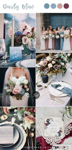 a collage of photos with flowers, candles and place settings