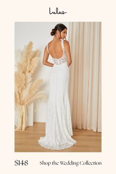 Celebrate your love in a dress that will take everyone's breath awayâ€”the Lulus Beloved Eternity White Lace Sleeveless Backless Maxi Dress! Elegant floral lace shapes wide tank straps and a seamed bodice (with hidden side boning) that has a stunning open back with sheer lace paneling. Fitted waist features a row of decorative covered buttons at the back (which hide a zipper/clasp), Skirt has a mermaid silhouette, finishing at a maxi hem with a romantic train at the back. Fit: This garment fits Elegant Beach Wedding Dress With Lace Back, Beach Wedding Dress With Lace Back And Fitted Bodice, Fitted Sleeveless Wedding Dress For Beach Wedding, Sleeveless Wedding Dress With Lace Back For Wedding Night, Maxi Dress Elegant, Backless Maxi Dress, Lulu Fashion, Backless Maxi Dresses, Mermaid Silhouette