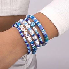 Brand New Handmade Comes With 5 Stackable Bracelets Wear Together Or Separately Colorful Happy Word Bracelet Faux Pearl Flower Bead Bracelets With Beads, Beaded Braclets, Homemade Bracelets, Preppy Bracelets, Preppy Jewelry, Bracelet Sets, Clay Bracelet, Diy Bracelets Patterns