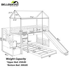 a drawing of a loft bed with stairs and storage compartment below the bottom bunk is shown