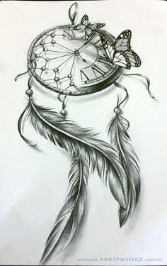 a drawing of a clock with a butterfly on it's face and some feathers