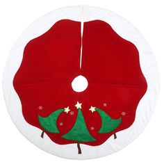 a red and white christmas tree skirt with two green trees on the bottom, in front of a white background