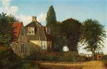 a painting of a house in the middle of a field with trees and bushes around it