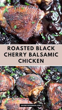 roasted black cherry balsamic chicken in a skillet with the title above it