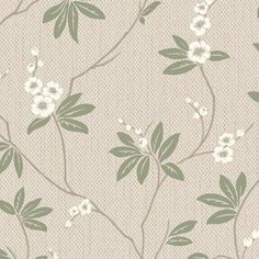 a floral wallpaper with green leaves and white flowers on beige background, suitable for use in home decor