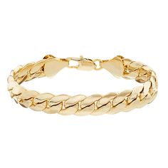 "Sleek and stylish, this 14k gold plated Miami Cuban chain bracelet completes your handsome look. Length: 9 in. Width: 9 mm Clasp: lobster-claw Metal: brass Plating: 14k gold flash plated Finish: polished Packaging: boxed Gift Givers: This item ships in its original packaging. If intended as a gift, the packaging may reveal the contents. Size: 9"". Color: Yellow. Gender: male. Age Group: adult." Classic Cuban Link Gold Bracelet, Formal Gold Cuban Link Bracelet With Adjustable Chain, Classic Gold-plated Cuban Link Bracelet, Classic Gold Cuban Link Chain Bracelet, Gold Plated Cuban Link Bracelet For Formal Occasions, Your Handsome, Cuban Chain Bracelet, Jewelry Bracelets Gold, Gold Chains For Men