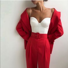 New With Tag Blogger’s Favorite Red Pants And Black Shirt What Color Dress For Spouse, Pant Suits For Women Red, Red Suits For Women Shorts, Designer Red Suits, Womens Red Suits, Trendy Fitted Pants With Belt, White Fitted Belted Bottoms, White High-waist Belted Pants, White High Waist Belted Pants