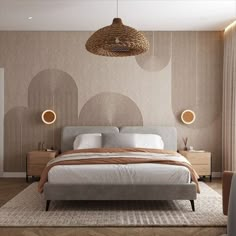 a bedroom with a bed, nightstands and lamps on the wall above it is decorated in neutral colors