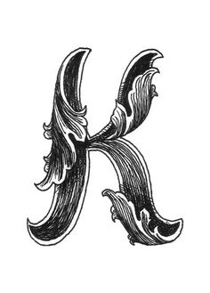 the letter k is made up of swirly leaves and scrolls, vintage line drawing or engraving