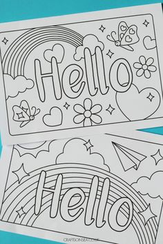 two coloring pages with the word hello written on them