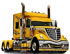 a yellow semi truck with flames painted on it's front and side cabs