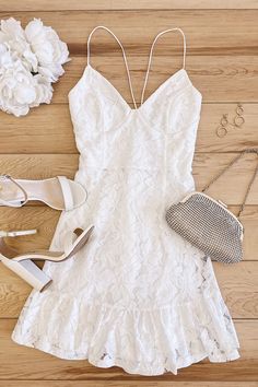 Our Celebrate My Love White Lace Ruffled Lace-Up Mini Dress is the perfect romantic mini for brides-to-be #lovelulus #lulusweddings Chic Mini Dress With Spaghetti Straps For Wedding, Chic Wedding Mini Dress With Spaghetti Straps, White Mini Dress With Spaghetti Straps For Formal Occasions, White Dressy Brunch Dress, White Spaghetti Strap Formal Mini Dress, White Dressy Dress For Brunch, White Mini Dresses, Dresses For Women Short, Short White Dresses