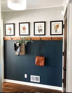 a purse hanging on the wall with three pictures above it and a plant in a basket