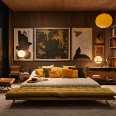 a bed with lots of pillows on top of it in front of bookshelves