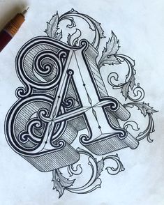 a drawing of the letter a with swirls and leaves