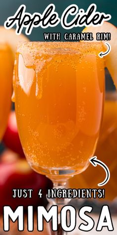 an apple cider with caramel rim and just 4 ingredients is shown in the foreground