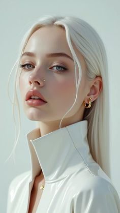 a woman with long blonde hair wearing gold earrings and a white shirt is looking off to the side