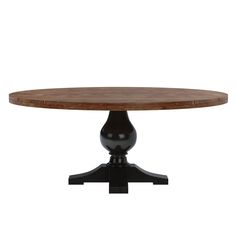 an oval wooden table with black pedestals and wood top, against a white background