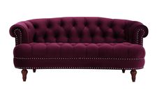 a purple couch with studding on the arms and back, sitting in front of a white background