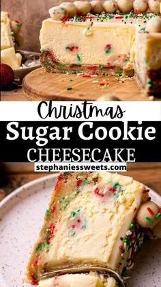 a slice of christmas sugar cookie cheesecake on a plate