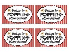 four red and white striped thank you for popping in the classroom tags