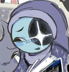 an alien reading a book while wearing a blue headdress and holding a cell phone