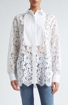 Michael Kors Collection Plastron Floral Lace Button-Up Shirt | Nordstrom Collared Lace Tops For Work, Formal Long Sleeve Tops With Scalloped Lace, Formal Long Sleeve Blouse With Scalloped Lace, Chic Scalloped Lace Top For Daywear, Scalloped Lace Top For Spring Daywear, Spring Scallop Lace Top For Daywear, Spring Scalloped Lace Top For Daywear, Button-up Blouse With Lace Trim For Work, Formal Spring Tops With Scalloped Lace