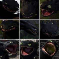 multiple images of toothy black dragon's mouth and teeth with green glowing eyes