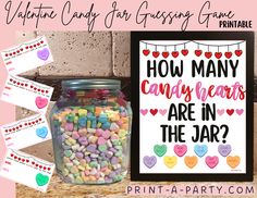 valentine's day candy jar with conversation cards and printables on the side