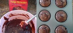 chocolate cupcakes with fudge brownies in a muffin tin next to a package of fudge brownies