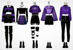 Purple Kpop Outfits Stage, Black And Purple Concert Outfit, Purple Anime Outfits, Stage Outfits Kpop Ideas Cute, Stage Outfits Purple, Idol Clothes Outfit, Kpop Stage Outfits 5 Members, Kpop Stage Outfits Ideas 5 Members, Purple Stage Outfits