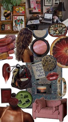 a collage of various items including lipstick, hair and other things in the background