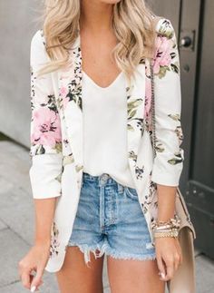 3/4 ærmer Revers Blazers Tutu En Tulle, Casual Plaid Shirt, Floral Print Blazer, Blazer Casual, Elegant Blazers, Casual Professional, Summer Work Outfits, Floral Blazer, Long Sleeve Knit Sweaters