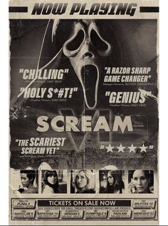 the scream movie poster is shown in black and white, with multiple images on it