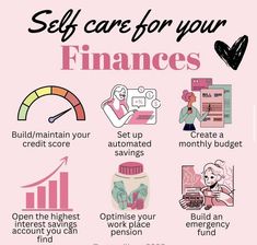 a pink poster with the words, self care for your finances and other things to do