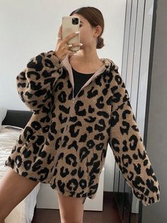 1pc Women Regular Fit Leopard Print Faux Fur Hooded Zip-Up Jacket Brown Casual  Long Sleeve Woven Fabric Leopard Print,Textured Pattern Teddy Non-Stretch Fall/Winter Women Clothing, size features are:Bust: ,Length: ,Sleeve Length: Fuzzy Coat, Casual Hairstyles, Boho Hairstyles, Womens Tie, Vintage Elegant, Daily Dress, Powerpuff Girls, Kids Sleepwear, Denim Wash