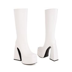 Trendy Fitted Platform Boots With Round Toe, Modern Synthetic Boots For Party, Spring Knee-high Synthetic Platform Boots, Modern Synthetic Boots For Parties, Trendy Fitted Round Toe Platform Boots, Trendy Tall Synthetic Heeled Boots, Trendy High Synthetic Heeled Boots, Trendy Fitted Synthetic Heeled Boots, Modern Synthetic Party Boots