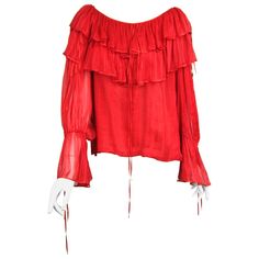 Stunning Red Ruffled YSL Silk Top Russian Collection 1976. Numbered 41163 Yves Saint Laurent Paris Double Ruffles on this amazing piece of YSL history! Large oversized bell cuff sleeves. Ribbons accent the shirt Measuring - Up to 38 bust -Waist open - 27 sleeve. We have been selling on this platform since 2013 so be sure to check our storefront for hundreds of items including New, Never worn vintage Jewelry as well as more vintage and Contemporary Fashion. Any questions please call, email or hit Yves Saint Laurent Paris, Boho Shirt, Ruffled Top, Boho Shirts, Saint Laurent Paris, Moda Vintage, Hippie Outfits, Beautiful Blouses, Red Blouses