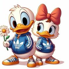 two cartoon ducks are standing next to each other and one has a flower in its hand