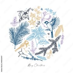 a circle with birds, flowers and pine branches in blue and gold colors on a white background