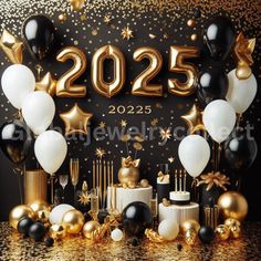 a black and gold new year celebration with balloons